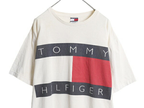 90s USA製 トミーヒルフィガー プリント 半袖 Tシャツ メンズ L / 古着 オールド カットソー ヘビーウェイト コットン トップス カジュアル