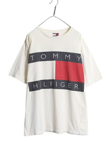 90s USA製 トミーヒルフィガー プリント 半袖 Tシャツ メンズ L / 古着 オールド カットソー ヘビーウェイト コットン トップス カジュアル