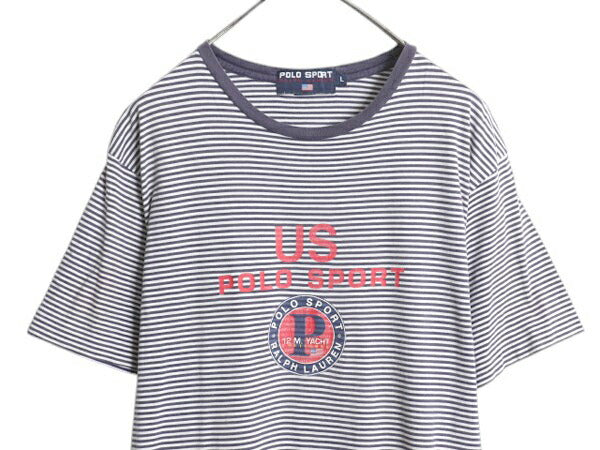 90s ポロスポーツ ラルフローレン ボーダー プリント 半袖 Tシャツ メンズ L / オールド ポロ カットソー リンガー シングルステッチ 紺 白
