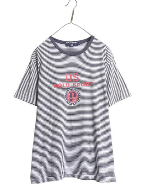 90s ポロスポーツ ラルフローレン ボーダー プリント 半袖 Tシャツ メンズ L / オールド ポロ カットソー リンガー シングルステッチ 紺 白