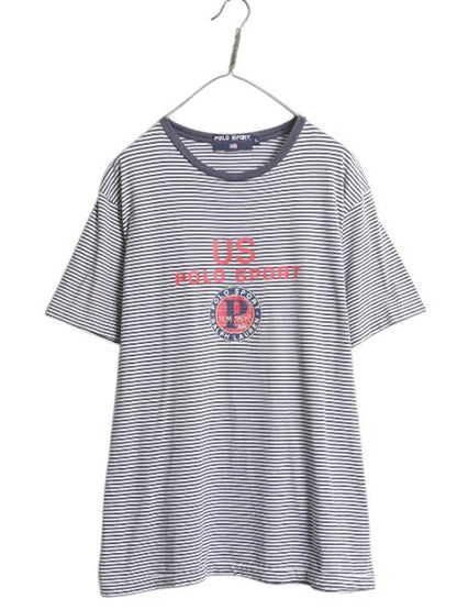 90s ポロスポーツ ラルフローレン ボーダー プリント 半袖 Tシャツ メンズ L / オールド ポロ カットソー リンガー シングルステッチ 紺 白
