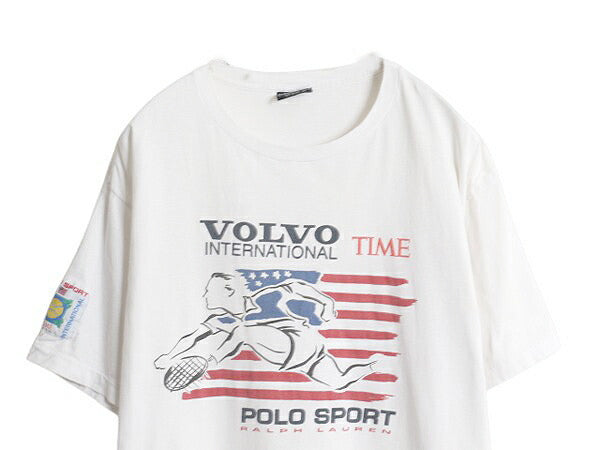 90s USA製 ポロ ラルフローレン 両面 プリント 半袖 Tシャツ メンズ M オールド カットソー シングルステッチ グラフィック 星条旗 テニス
