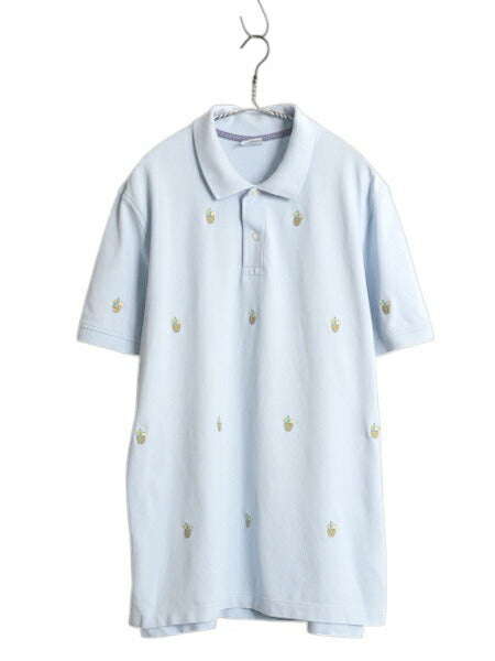 ブルックスブラザーズ 鹿の子 半袖 ポロシャツ メンズ XL / 総柄 半袖シャツ カットソー 大きいサイズ モノグラム 細身 カジュアル ブルー