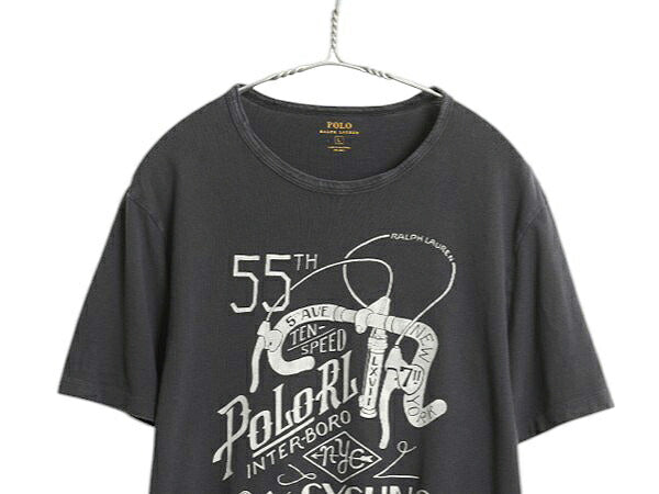 ポロ ラルフローレン プリント 半袖 Tシャツ メンズ L / 古着 カットソー コットン 自転車 サイクリング グラフィック イラスト ブラック