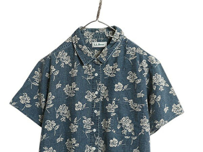 90s エルエルビーン 総柄 半袖 シャツレディース L 程 オールド アウトドア 半袖シャツ アロハ ハワイアン リネン コットン 短丈 ボックス