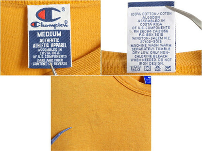 90s チャンピオン 半袖 Tシャツ メンズ M / 古着 オールド 100% コットン ヘビーウェイト ワンポイント スクリプト ロゴ シンプル イエロー