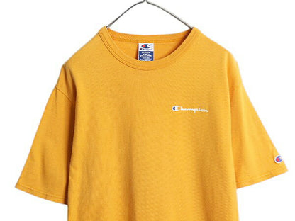 90s チャンピオン 半袖 Tシャツ メンズ M / 古着 オールド 100% コットン ヘビーウェイト ワンポイント スクリプト ロゴ シンプル イエロー