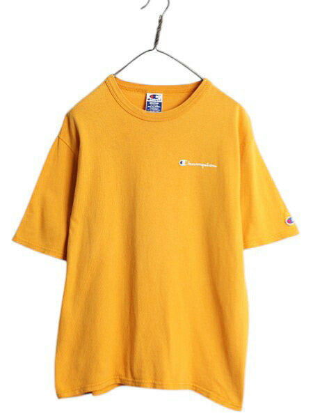 90s チャンピオン 半袖 Tシャツ メンズ M / 古着 オールド 100% コットン ヘビーウェイト ワンポイント スクリプト ロゴ シンプル イエロー
