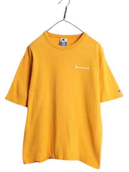 90s チャンピオン 半袖 Tシャツ メンズ M / 古着 オールド 100% コットン ヘビーウェイト ワンポイント スクリプト ロゴ シンプル イエロー