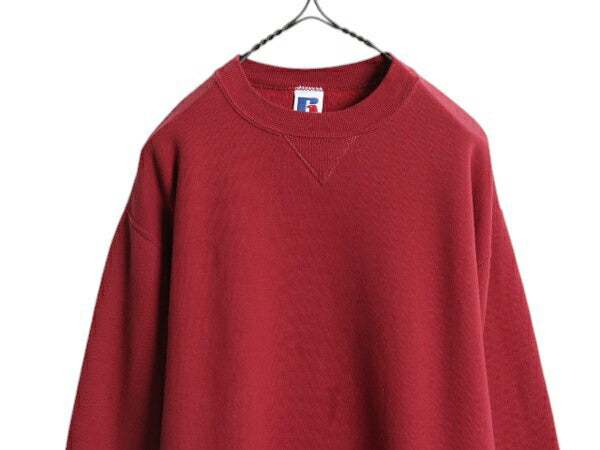90s USA製 ラッセル 無地 スウェット メンズ レディース M 古着 90年代 オールド RUSSELL トレーナー 前V 裏起毛 スエット クルーネック 赤