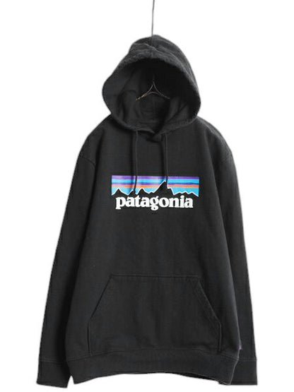 パタゴニア プリント スウェット フード パーカー メンズ M / 18年製 Patagonia トレーナー プルオーバー ストレッチ アウトドア 裏起毛 黒
