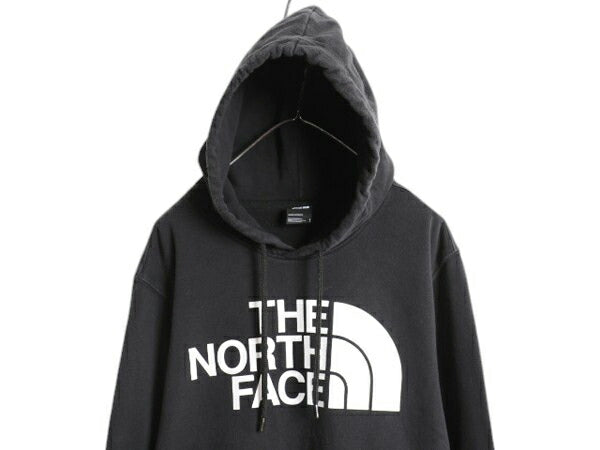 ノースフェイス プリント スウェット フード パーカー メンズ L 古着 The North Face 裏起毛 プルオーバー トレーナー アウトドア ブラック