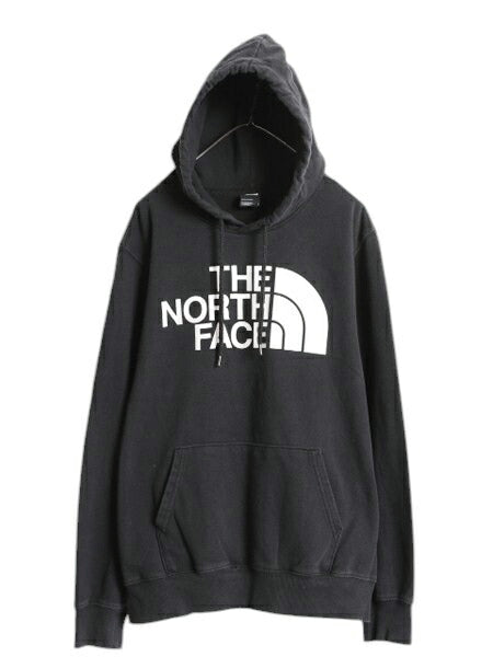 ノースフェイス プリント スウェット フード パーカー メンズ L 古着 The North Face 裏起毛 プルオーバー トレーナー アウトドア ブラック