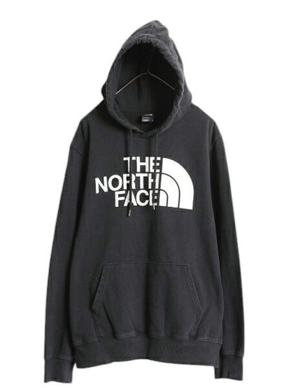 ノースフェイス プリント スウェット フード パーカー メンズ L 古着 The North Face 裏起毛 プルオーバー トレーナー アウトドア ブラック