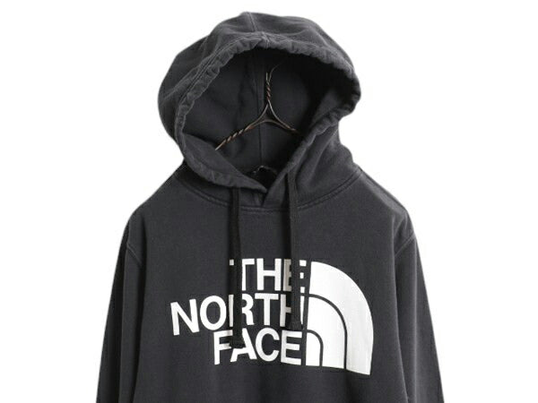 ノースフェイス プリント スウェット フード パーカー メンズ S 古着 The North Face プルオーバー 裏起毛 トレーナー アウトドア 薄手 黒