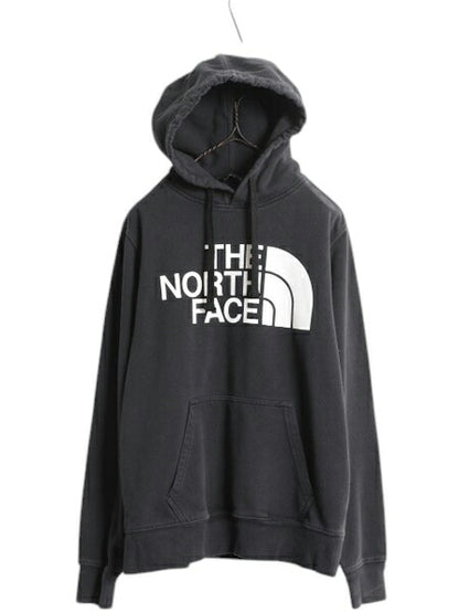 ノースフェイス プリント スウェット フード パーカー メンズ S 古着 The North Face プルオーバー 裏起毛 トレーナー アウトドア 薄手 黒