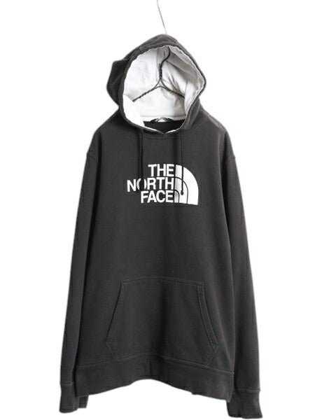 US企画 ノースフェイス プリント スウェット フード パーカー メンズ XL 黒 古着 The North Face プルオーバー トレーナー 裏起毛 ツートン