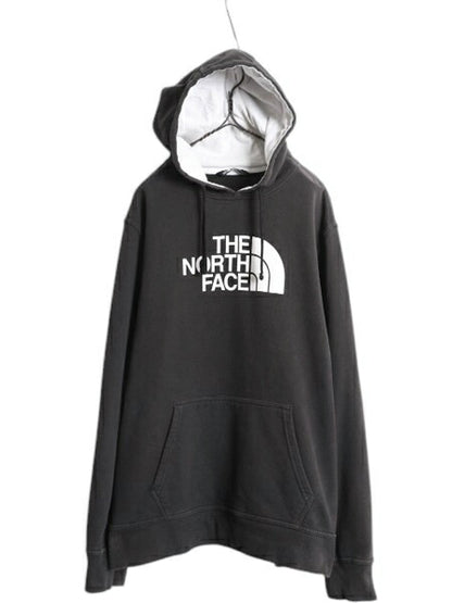 US企画 ノースフェイス プリント スウェット フード パーカー メンズ XL 黒 古着 The North Face プルオーバー トレーナー 裏起毛 ツートン