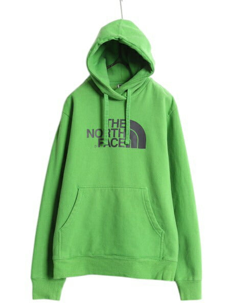 ノースフェイス プリント スウェット フード パーカー メンズ M 古着 The North Face プルオーバー トレーナー アウトドア 裏起毛 グリーン