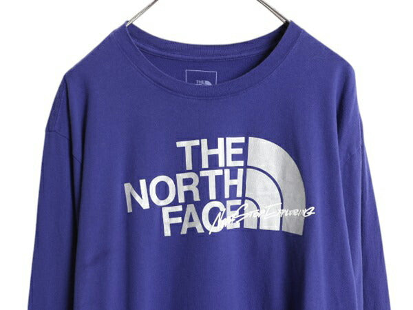 ノースフェイス プリント 長袖 Tシャツ メンズ XL 古着 The North Face  アウトドア ロンT ロングスリーブ クルーネック 袖プリント 青 紫