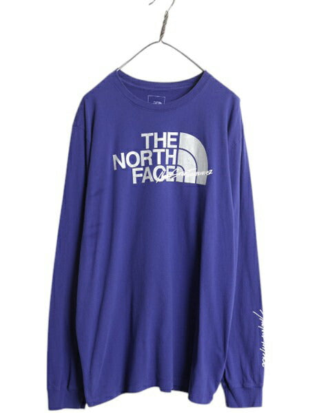 ノースフェイス プリント 長袖 Tシャツ メンズ XL 古着 The North Face  アウトドア ロンT ロングスリーブ クルーネック 袖プリント 青 紫