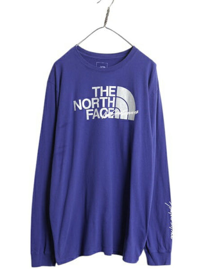 ノースフェイス プリント 長袖 Tシャツ メンズ XL 古着 The North Face  アウトドア ロンT ロングスリーブ クルーネック 袖プリント 青 紫