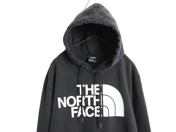 ノースフェイス プリント スウェット フード パーカー メンズ L 古着 The North Face 裏起毛 プルオーバー トレーナー アウトドア ブラック