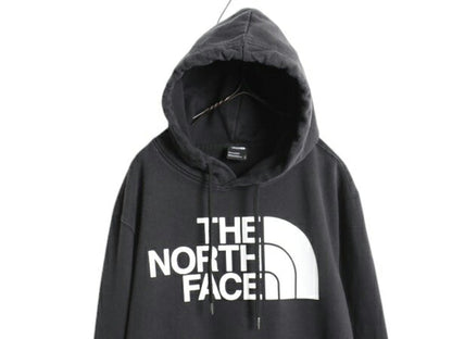 ノースフェイス プリント スウェット フード パーカー メンズ L 古着 The North Face 裏起毛 プルオーバー トレーナー アウトドア ブラック