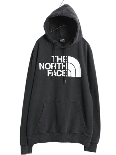 ノースフェイス プリント スウェット フード パーカー メンズ L 古着 The North Face 裏起毛 プルオーバー トレーナー アウトドア ブラック
