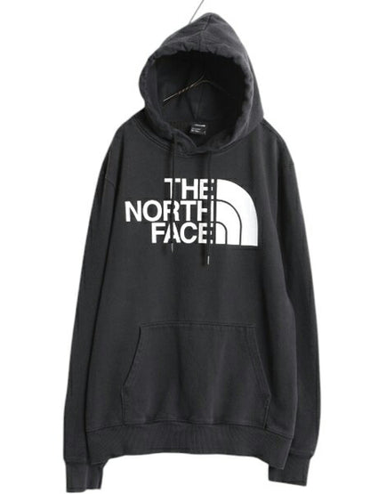 ノースフェイス プリント スウェット フード パーカー メンズ L 古着 The North Face 裏起毛 プルオーバー トレーナー アウトドア ブラック