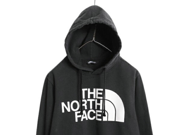 ノースフェイス プリント スウェット フード パーカー メンズ S 古着 The North Face プルオーバー 裏起毛 トレーナー アウトドア 薄手 黒