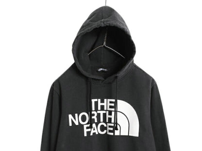 ノースフェイス プリント スウェット フード パーカー メンズ S 古着 The North Face プルオーバー 裏起毛 トレーナー アウトドア 薄手 黒