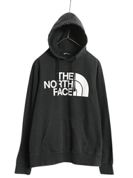 ノースフェイス プリント スウェット フード パーカー メンズ S 古着 The North Face プルオーバー 裏起毛 トレーナー アウトドア 薄手 黒