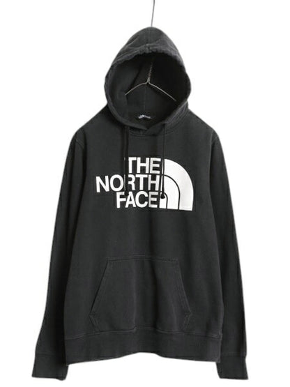 ノースフェイス プリント スウェット フード パーカー メンズ S 古着 The North Face プルオーバー 裏起毛 トレーナー アウトドア 薄手 黒