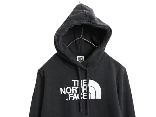 ノースフェイス プリント スウェット フード パーカー レディース М 古着 The North Face プルオーバー 裏起毛 トレーナー モノトーン 黒