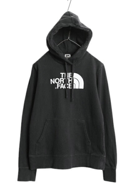 ノースフェイス プリント スウェット フード パーカー レディース М 古着 The North Face プルオーバー 裏起毛 トレーナー モノトーン 黒