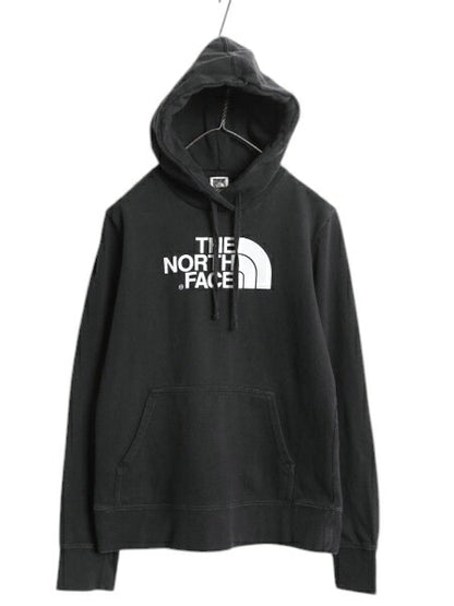 ノースフェイス プリント スウェット フード パーカー レディース М 古着 The North Face プルオーバー 裏起毛 トレーナー モノトーン 黒