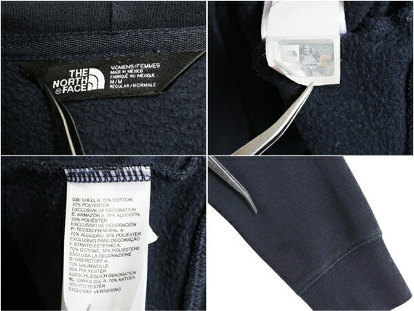 ノースフェイス プリント スウェット フード パーカー レディース M 古着 The North Face 裏起毛 プルオーバー トレーナー ネイビー 薄手