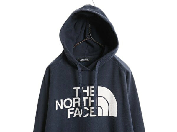 ノースフェイス プリント スウェット フード パーカー レディース M 古着 The North Face 裏起毛 プルオーバー トレーナー ネイビー 薄手
