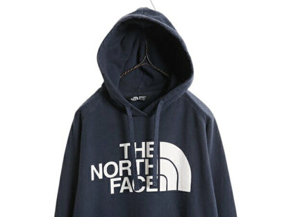ノースフェイス プリント スウェット フード パーカー レディース M 古着 The North Face 裏起毛 プルオーバー トレーナー ネイビー 薄手