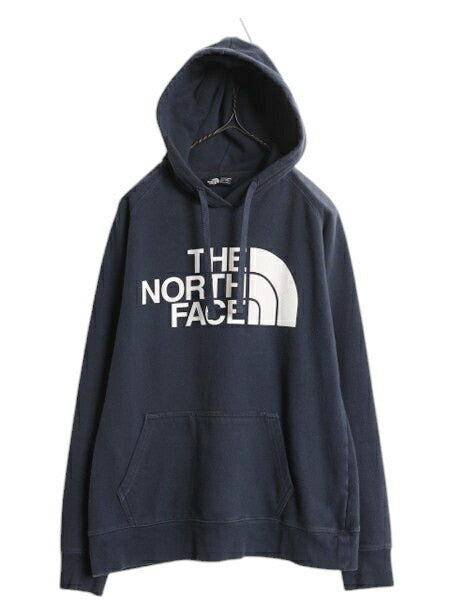 ノースフェイス プリント スウェット フード パーカー レディース M 古着 The North Face 裏起毛 プルオーバー トレーナー ネイビー 薄手
