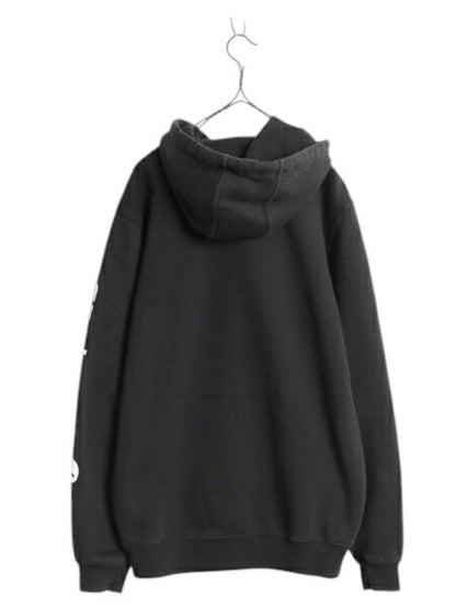 カーハート 袖 プリント スウェット フード パーカー メンズ S 黒 古着 CARHARTT トレーナー 裏起毛 プルオーバー ミドルウェイト ブラック
