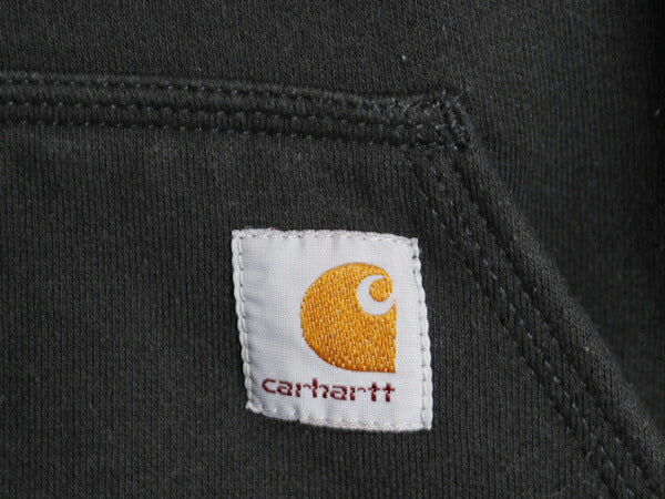 カーハート 袖 プリント スウェット フード パーカー メンズ S 黒 古着 CARHARTT トレーナー 裏起毛 プルオーバー ミドルウェイト ブラック