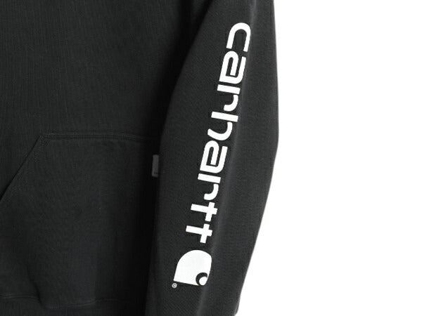 カーハート 袖 プリント スウェット フード パーカー メンズ S 黒 古着 CARHARTT トレーナー 裏起毛 プルオーバー ミドルウェイト ブラック