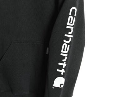 カーハート 袖 プリント スウェット フード パーカー メンズ S 黒 古着 CARHARTT トレーナー 裏起毛 プルオーバー ミドルウェイト ブラック