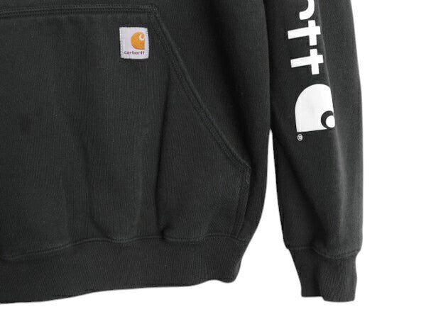 カーハート 袖 プリント スウェット フード パーカー メンズ S 黒 古着 CARHARTT トレーナー 裏起毛 プルオーバー ミドルウェイト ブラック