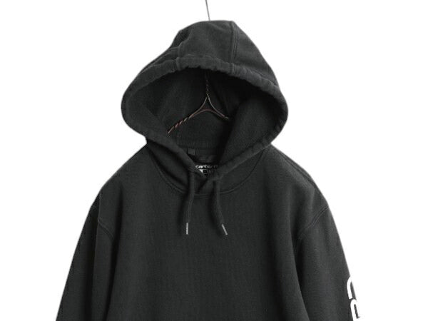 カーハート 袖 プリント スウェット フード パーカー メンズ S 黒 古着 CARHARTT トレーナー 裏起毛 プルオーバー ミドルウェイト ブラック