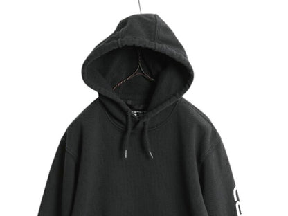 カーハート 袖 プリント スウェット フード パーカー メンズ S 黒 古着 CARHARTT トレーナー 裏起毛 プルオーバー ミドルウェイト ブラック