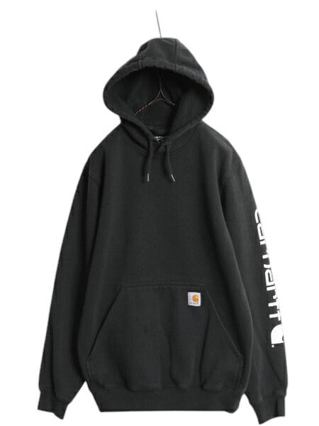 カーハート 袖 プリント スウェット フード パーカー メンズ S 黒 古着 CARHARTT トレーナー 裏起毛 プルオーバー ミドルウェイト ブラック