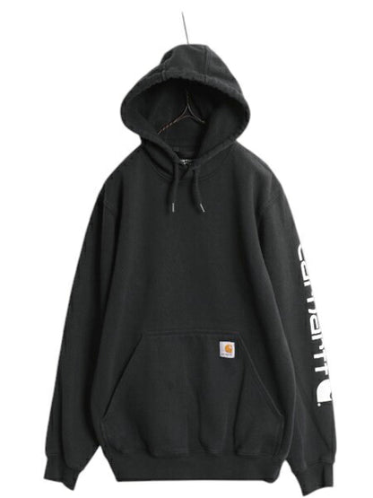 カーハート 袖 プリント スウェット フード パーカー メンズ S 黒 古着 CARHARTT トレーナー 裏起毛 プルオーバー ミドルウェイト ブラック